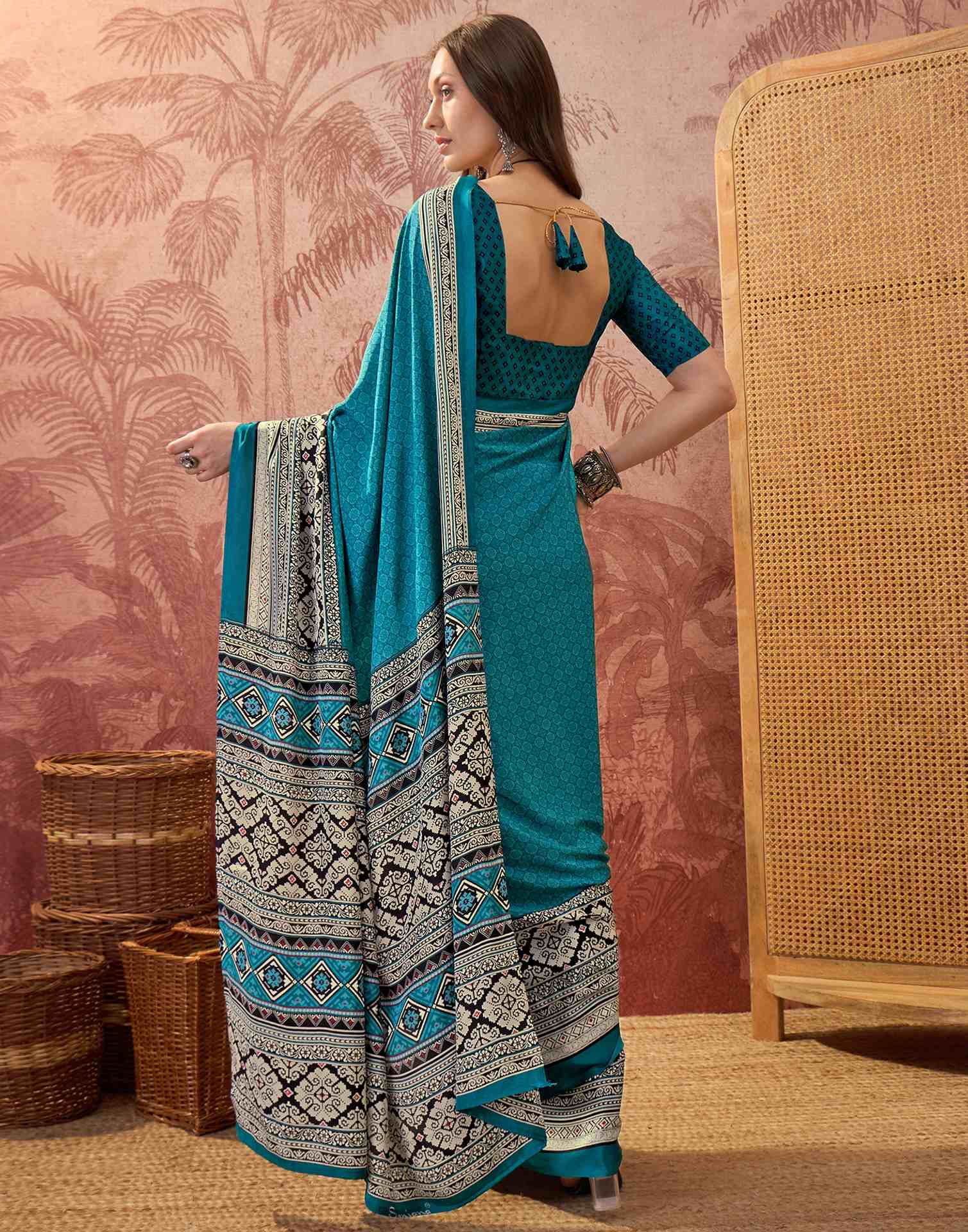 Teal Blue Crepe Silk Printed Saree