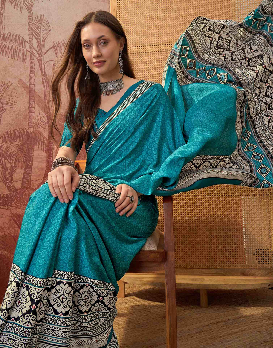 Teal Blue Crepe Silk Printed Saree