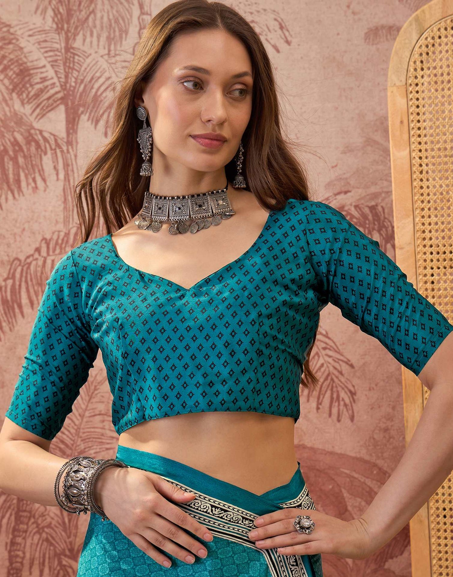 Teal Blue Crepe Silk Printed Saree