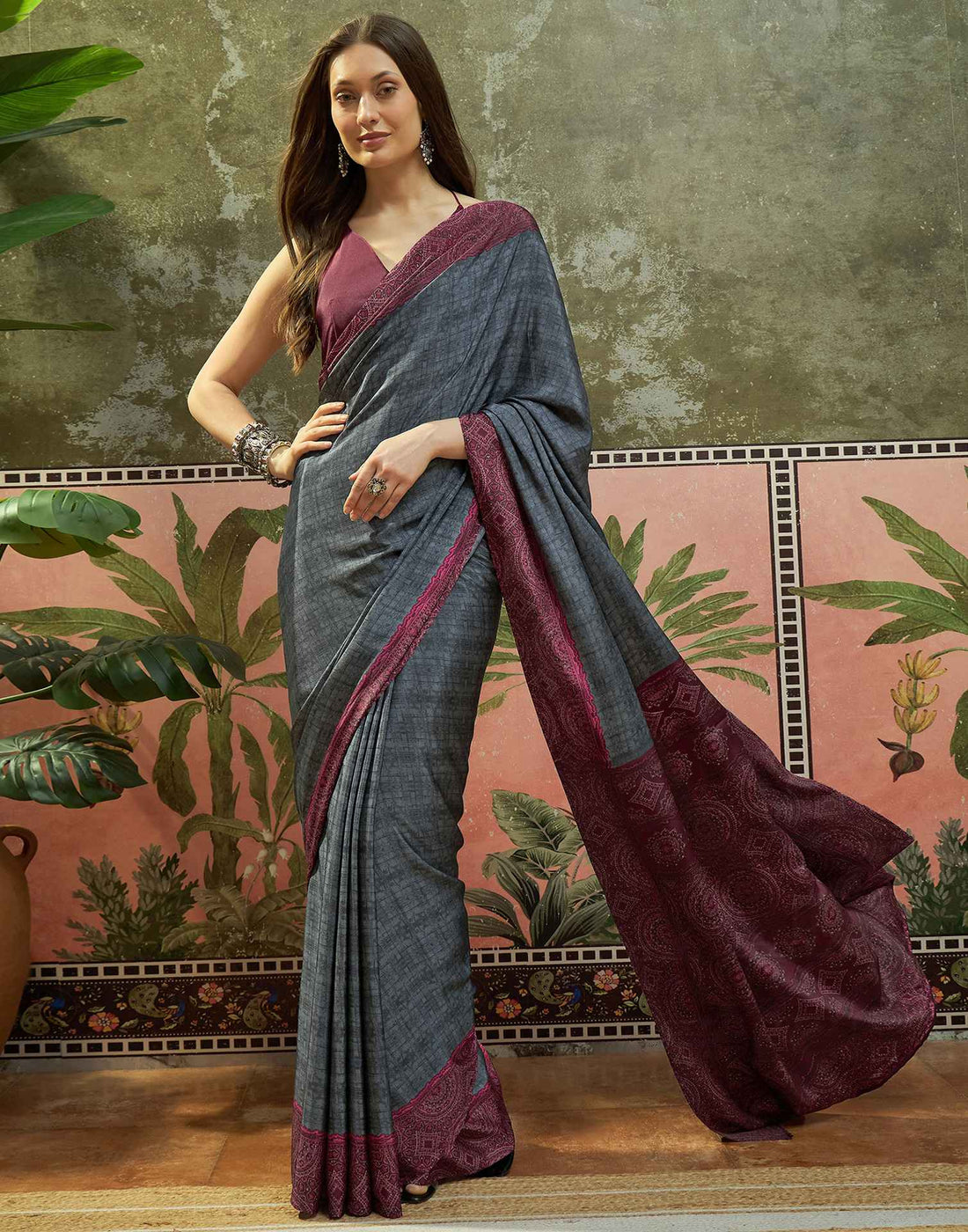 Grey Crepe Silk Printed Saree
