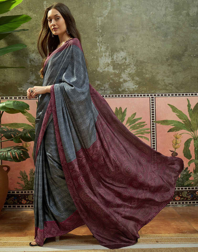 Grey Crepe Silk Printed Saree