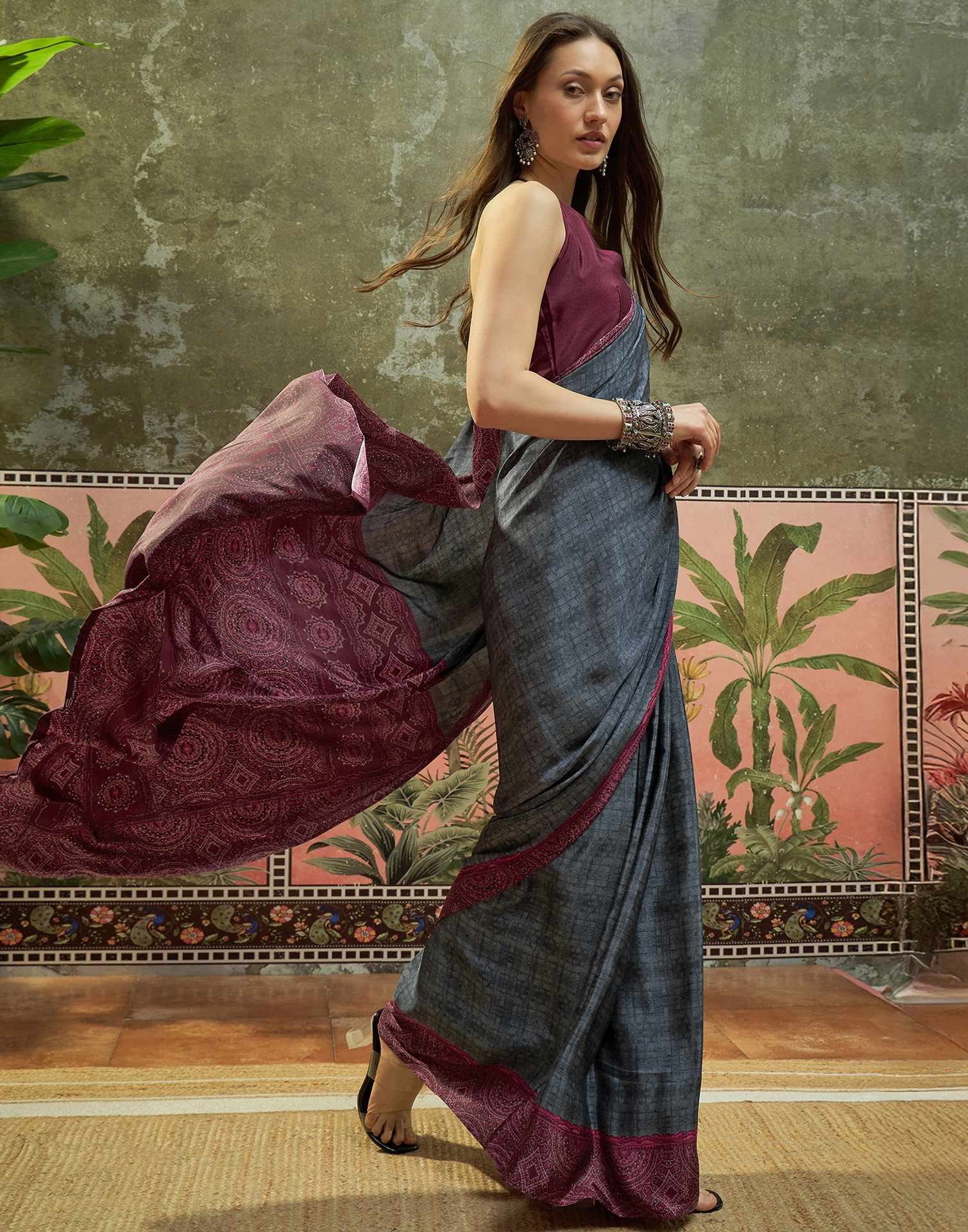 Grey Crepe Silk Printed Saree