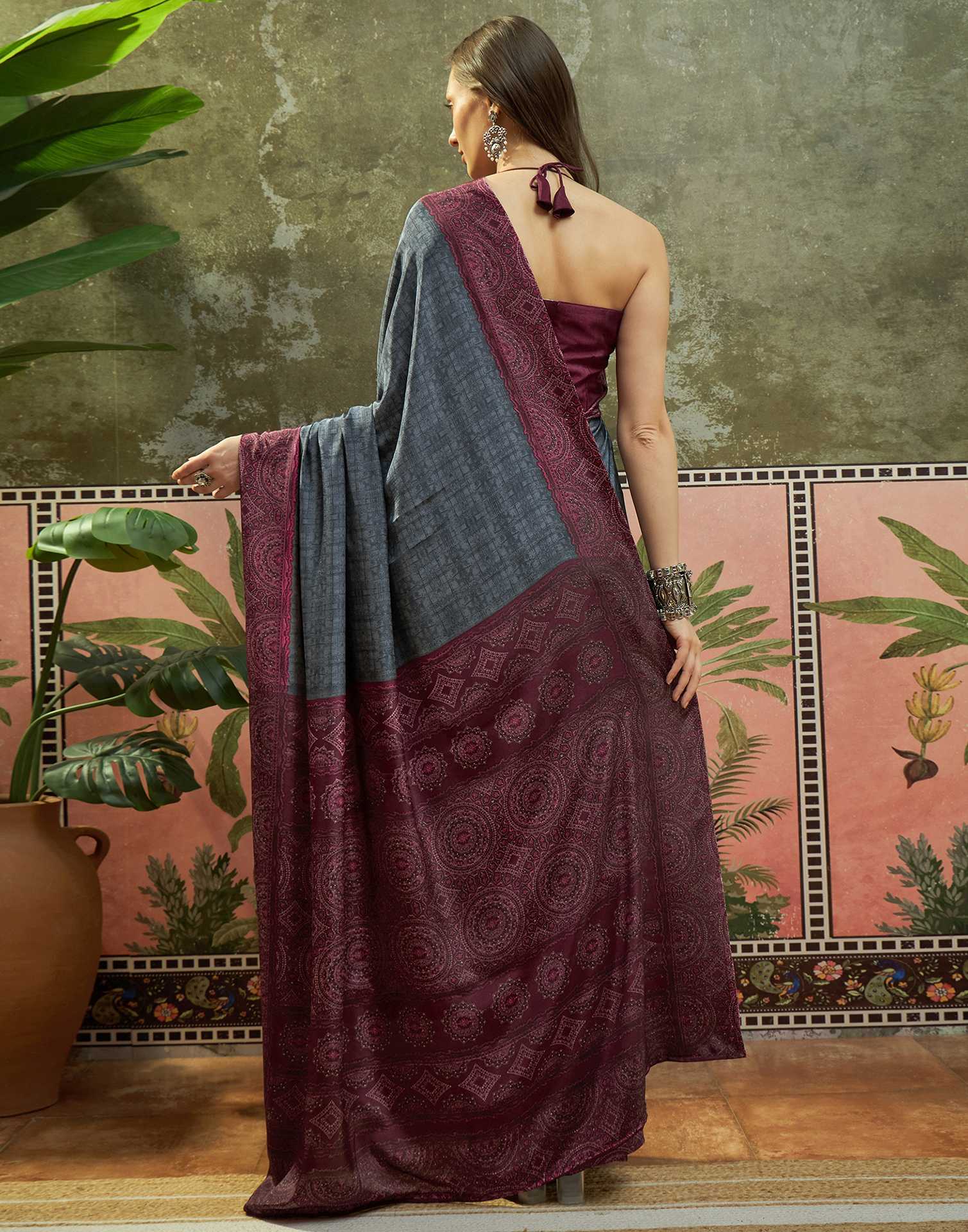 Grey Crepe Silk Printed Saree