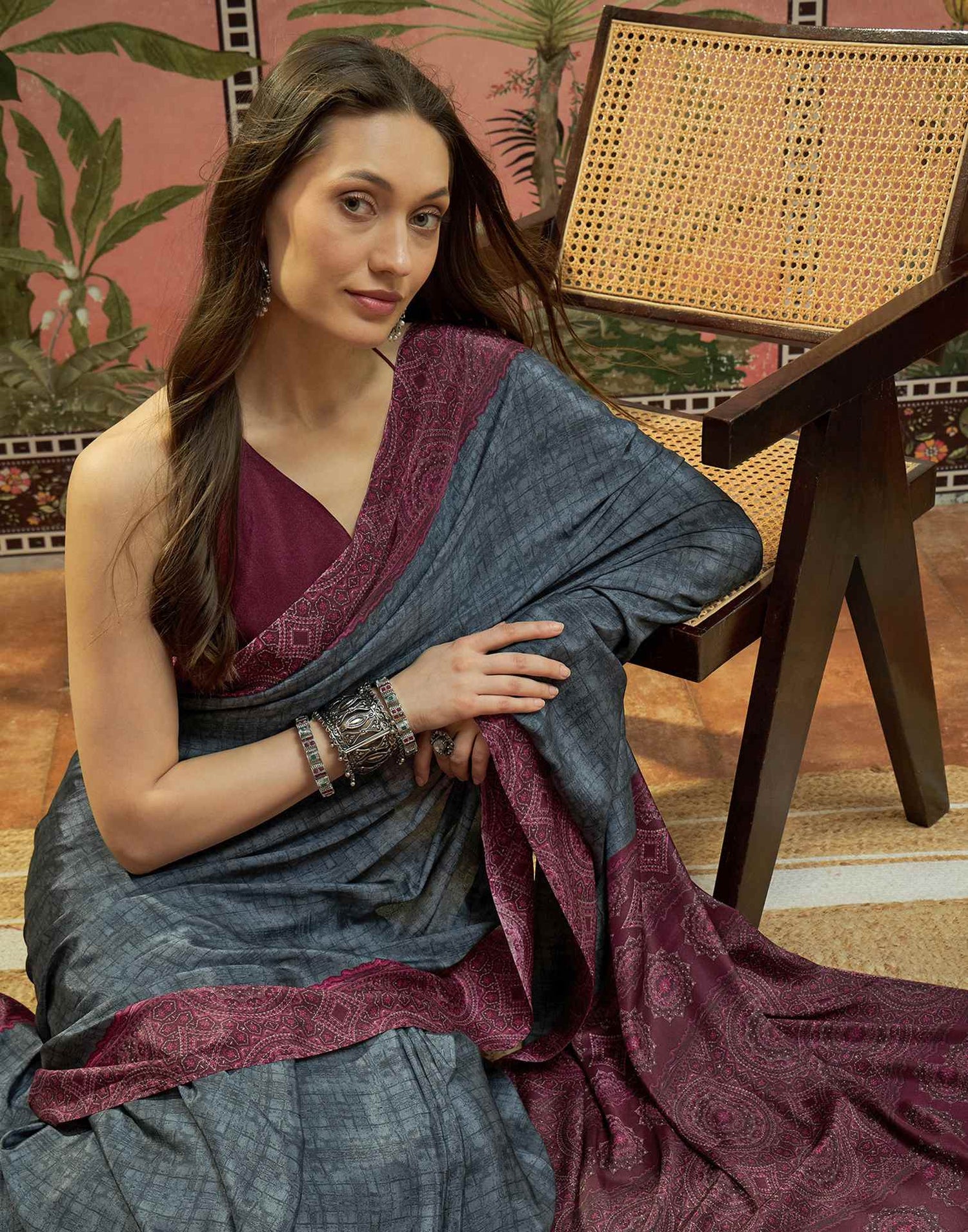 Grey Crepe Silk Printed Saree