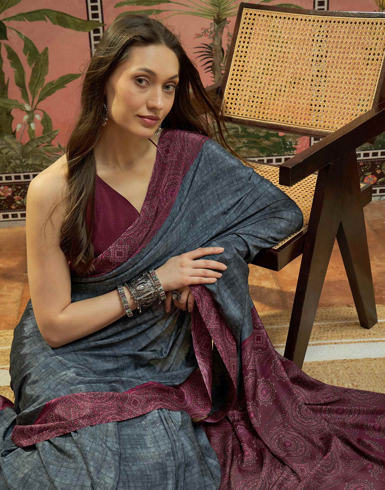 Grey Crepe Silk Printed Saree