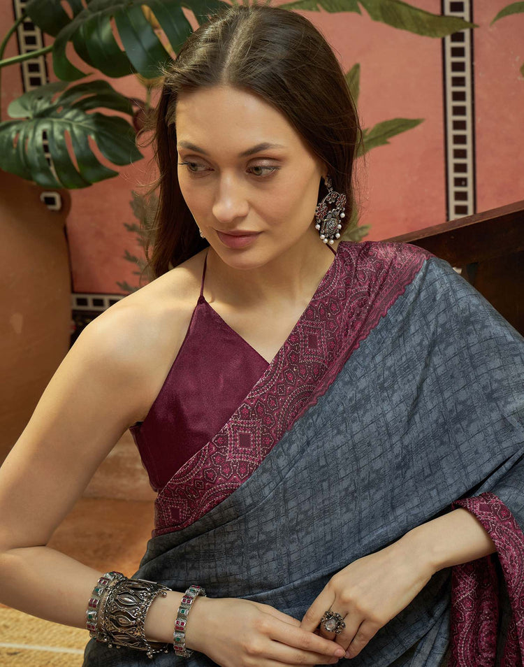 Grey Crepe Silk Printed Saree