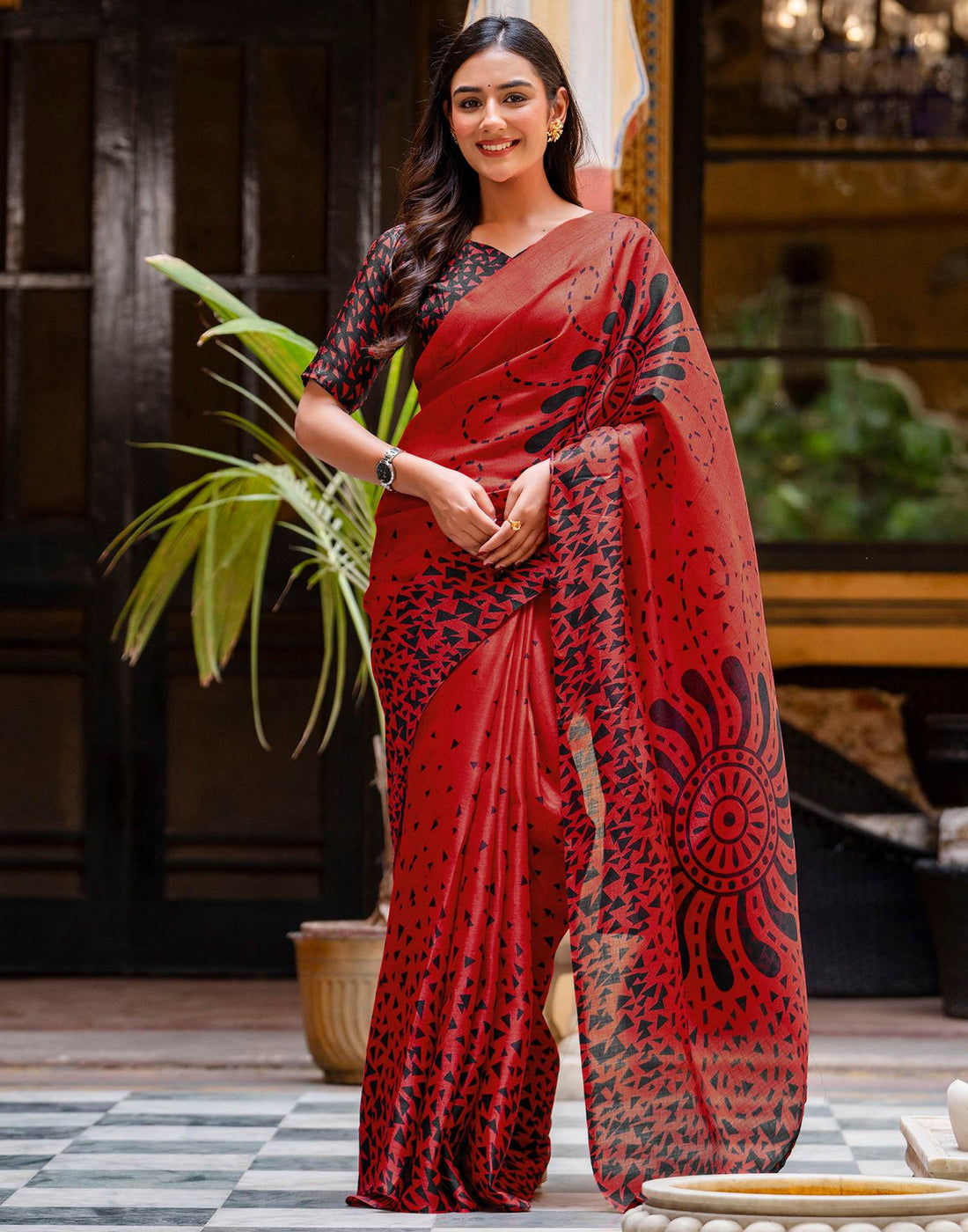 Red Khadi Printed Saree