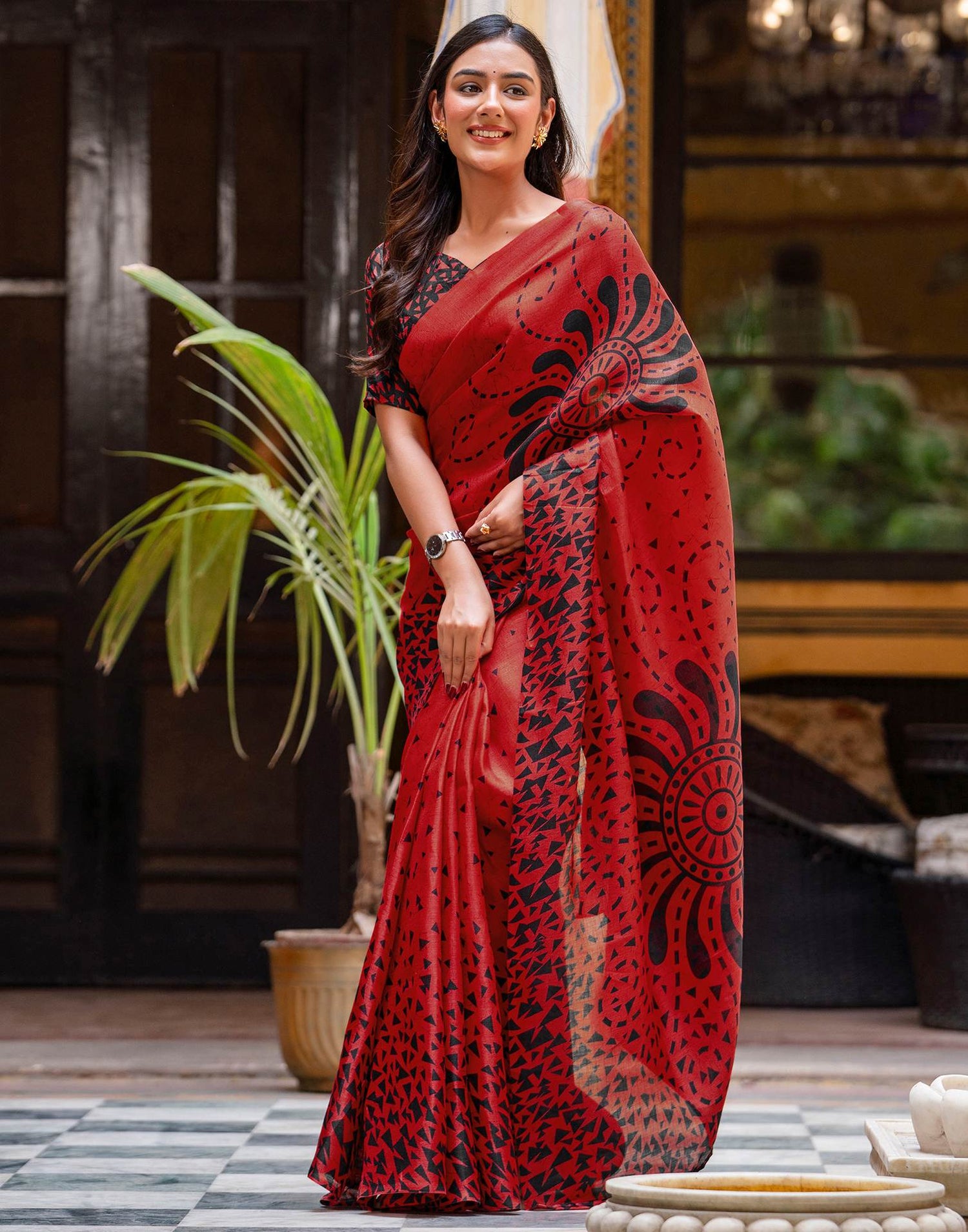 Red Khadi Printed Saree