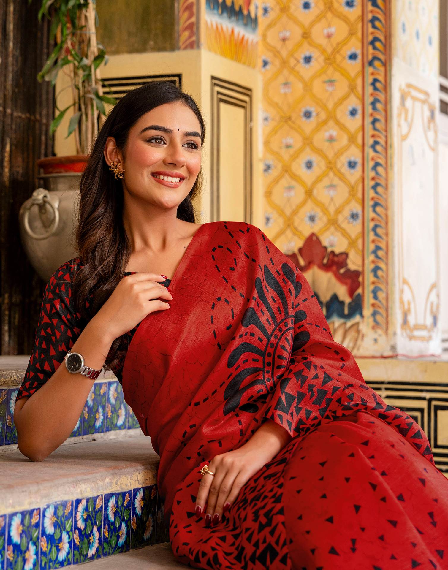 Red Khadi Printed Saree