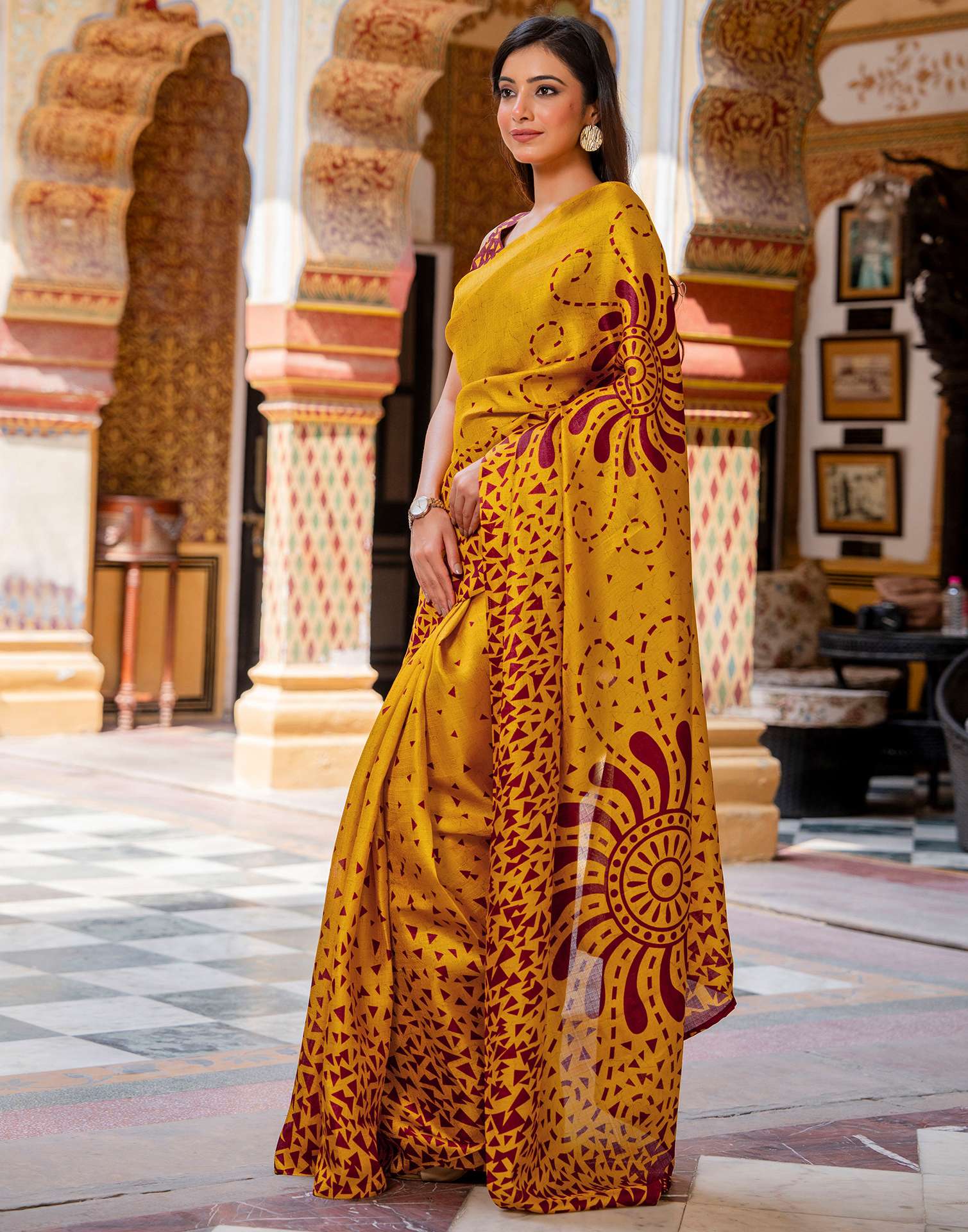 Mustard Khadi Printed Saree