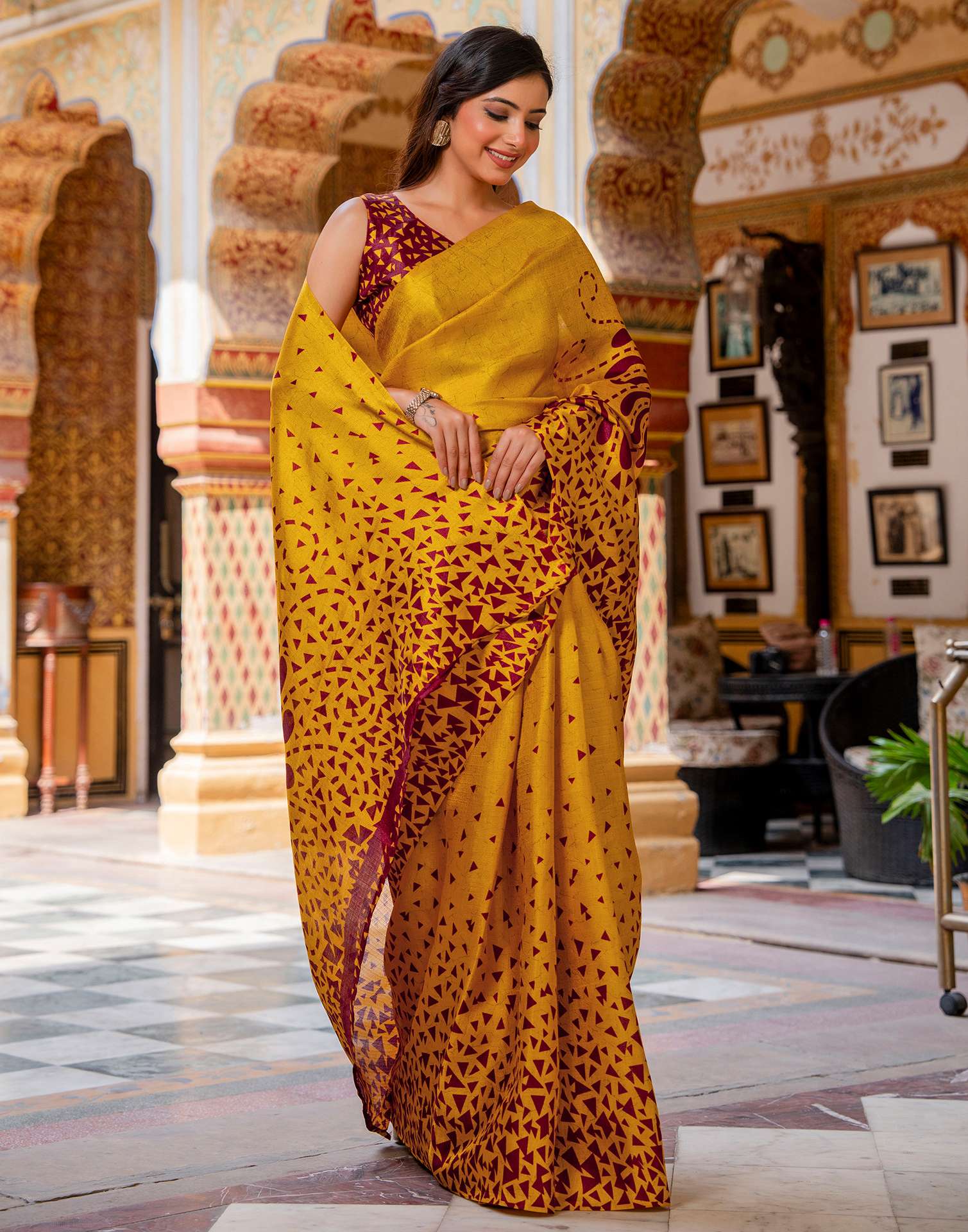 Mustard Khadi Printed Saree