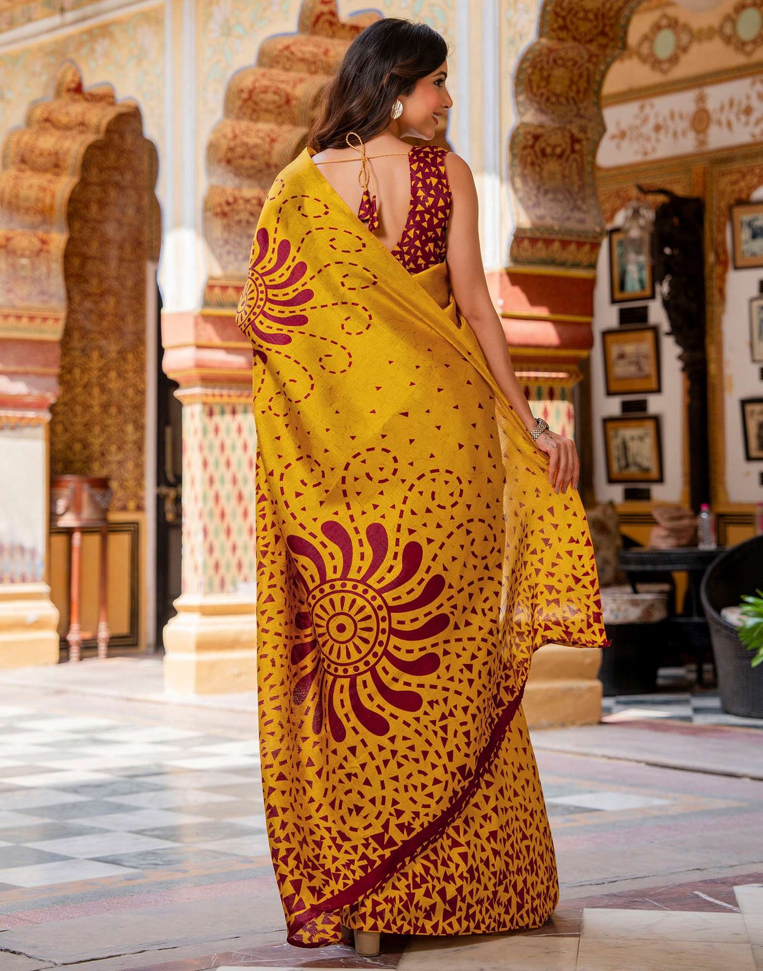 Mustard Khadi Printed Saree