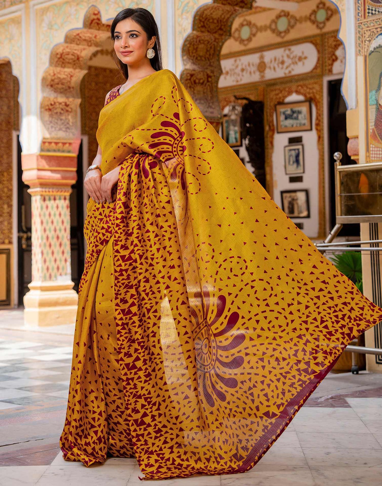 Mustard Khadi Printed Saree