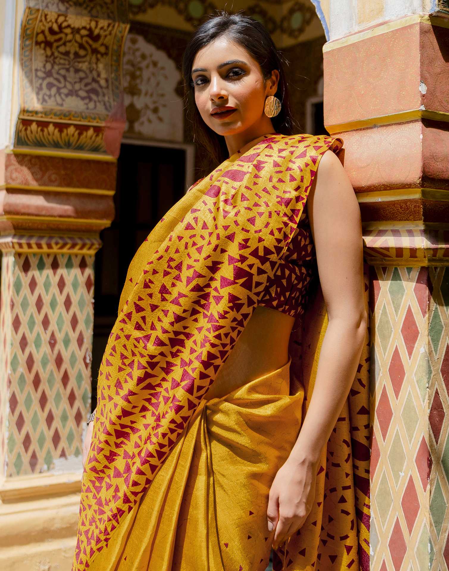 Mustard Khadi Printed Saree