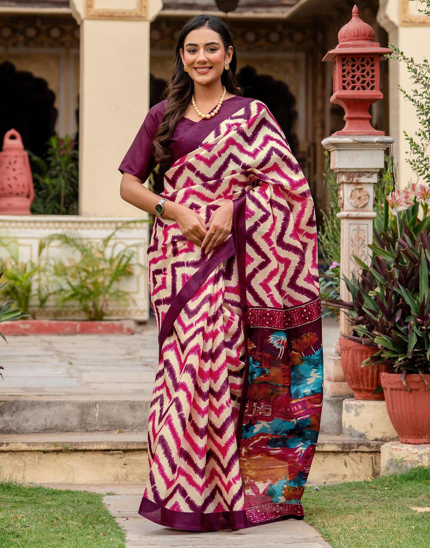 Beige Khadi Printed Saree