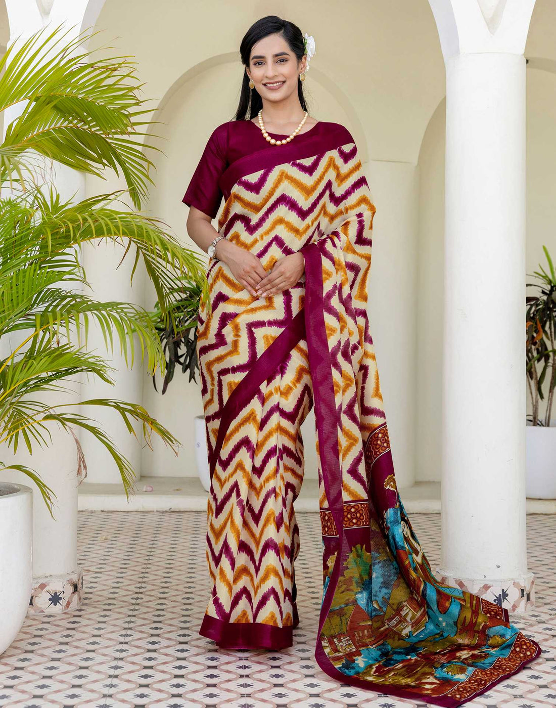 Beige Khadi Printed Saree