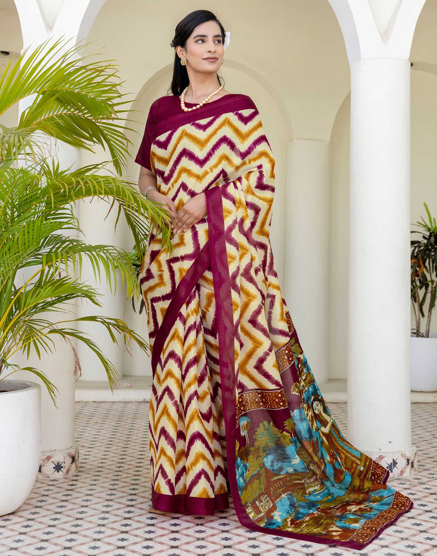Beige Khadi Printed Saree