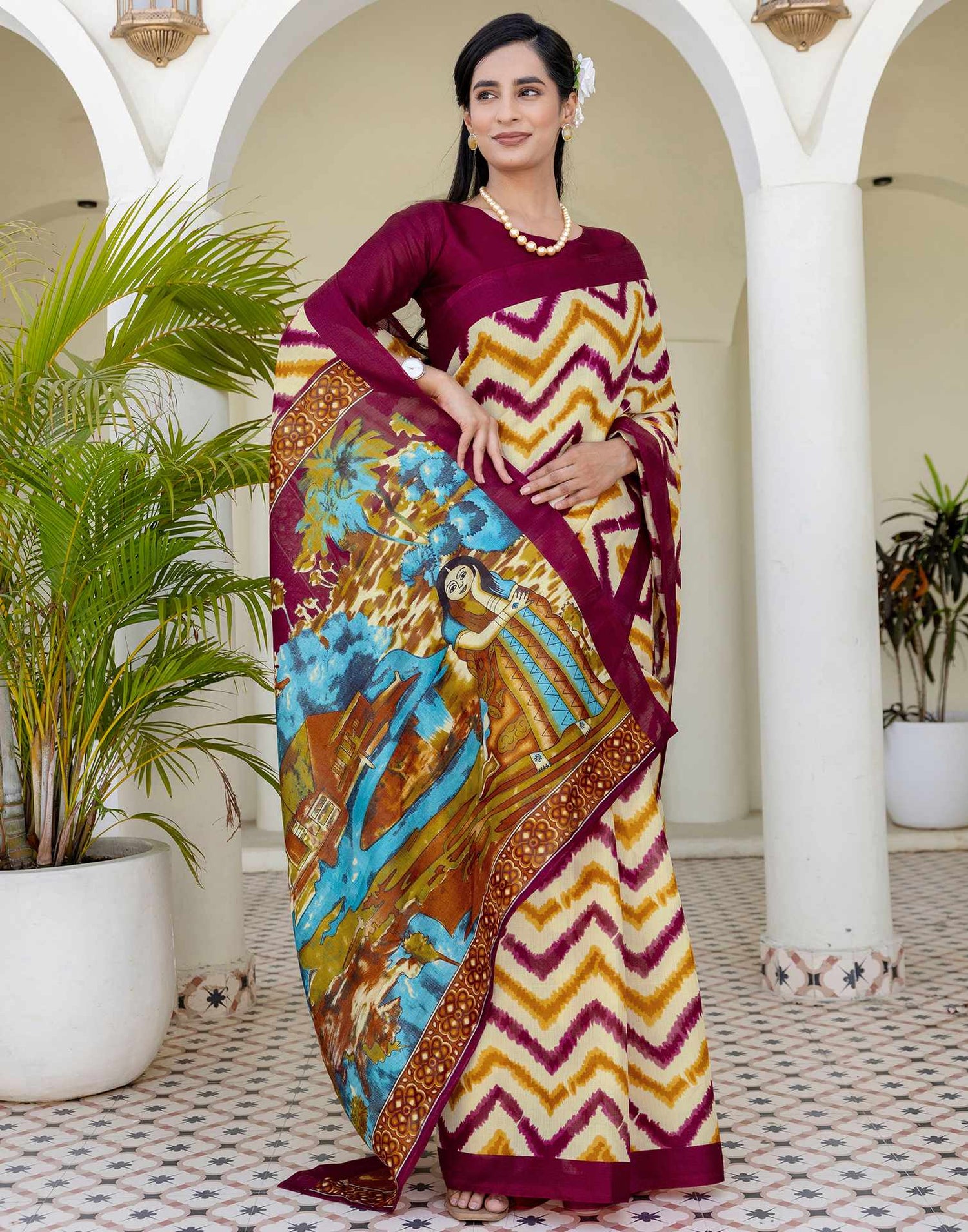 Beige Khadi Printed Saree