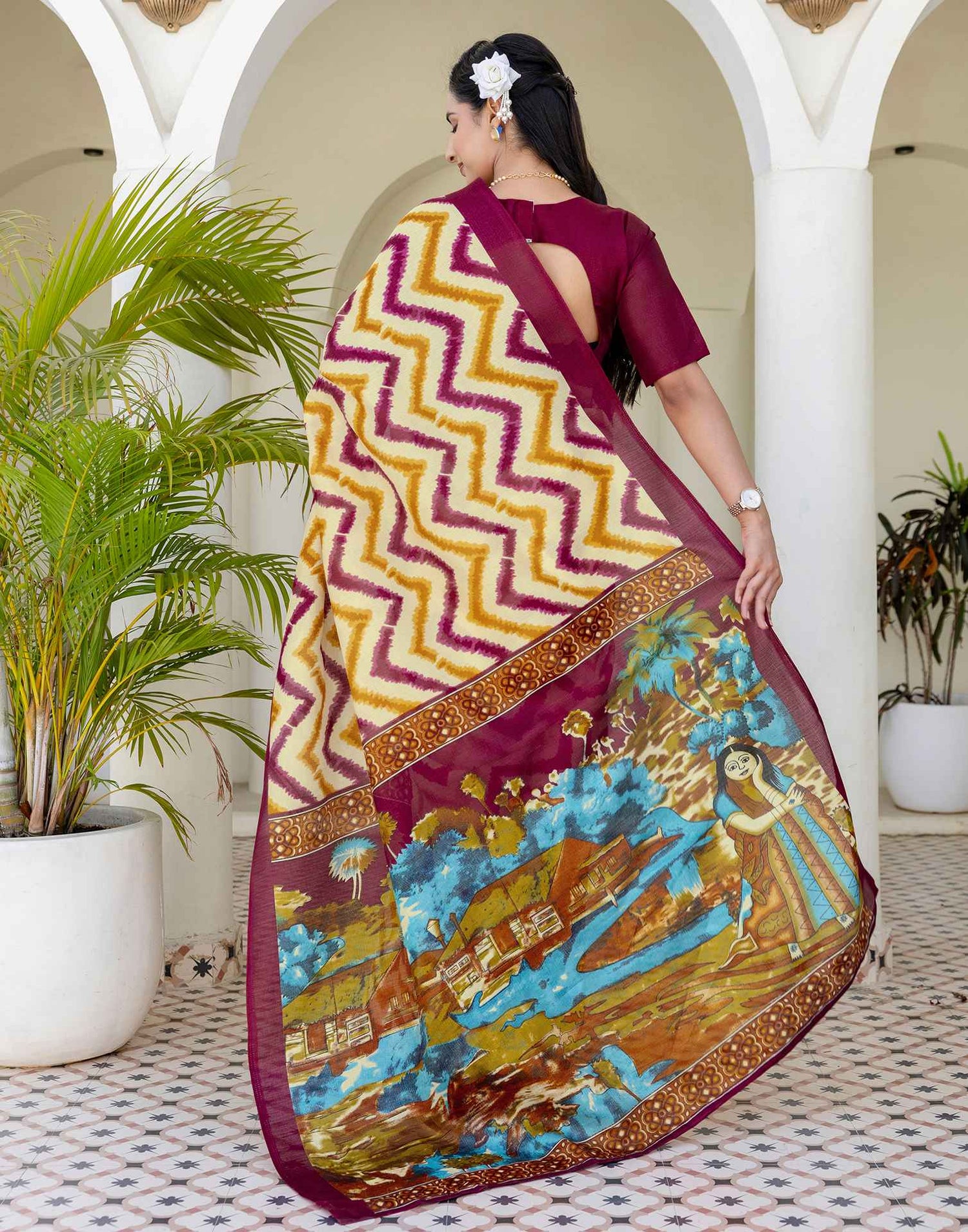 Beige Khadi Printed Saree