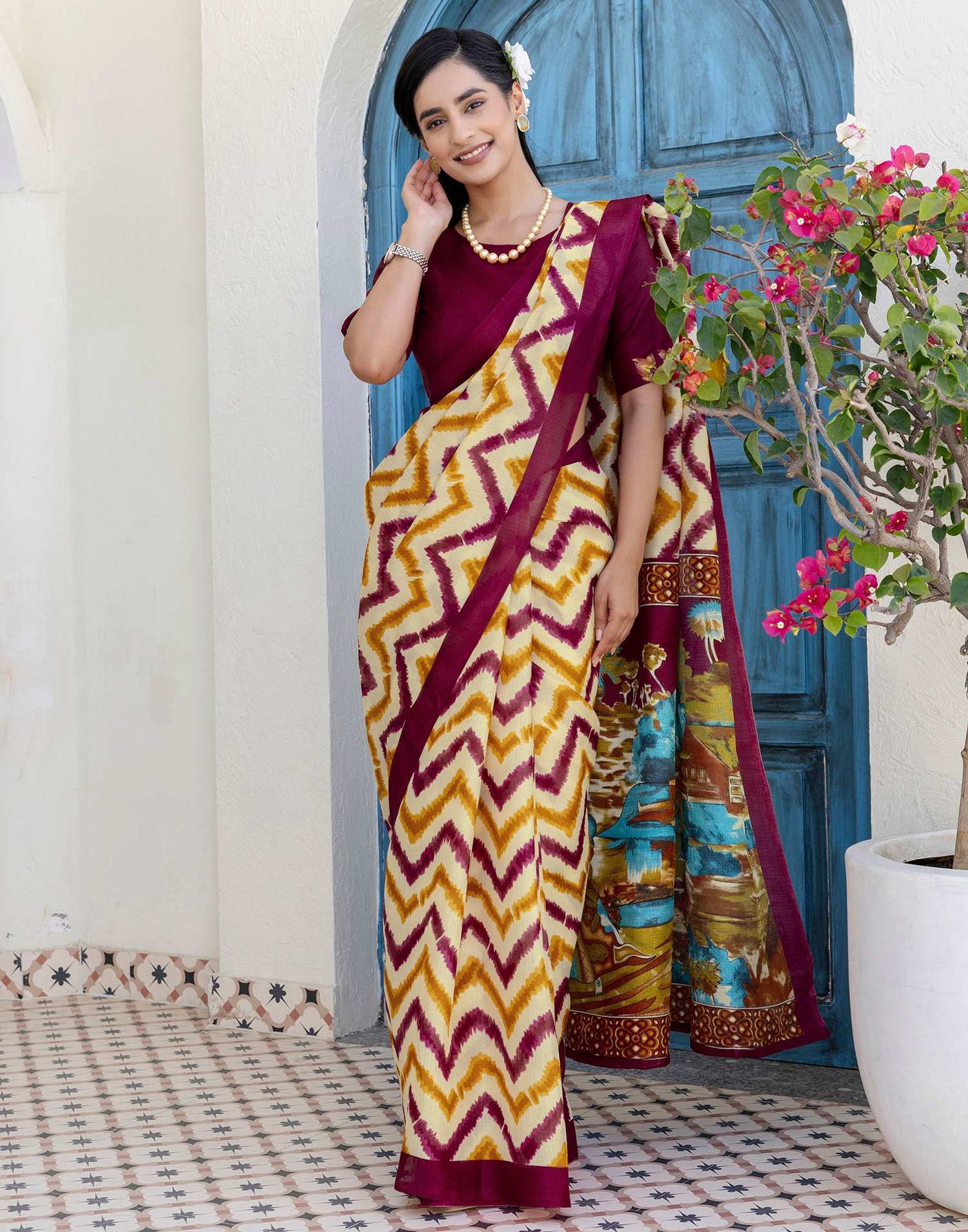 Beige Khadi Printed Saree