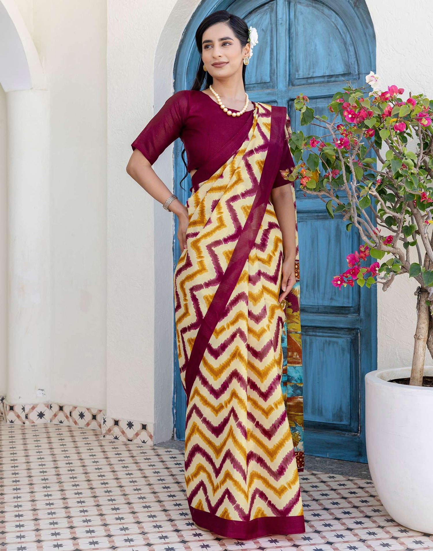 Beige Khadi Printed Saree