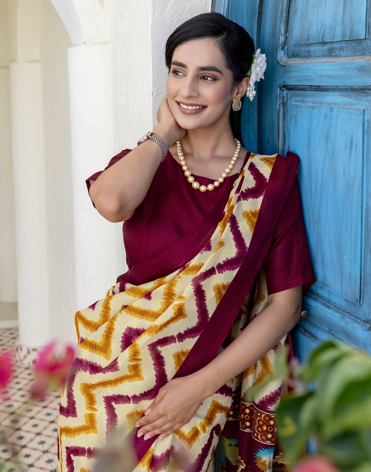 Beige Khadi Printed Saree