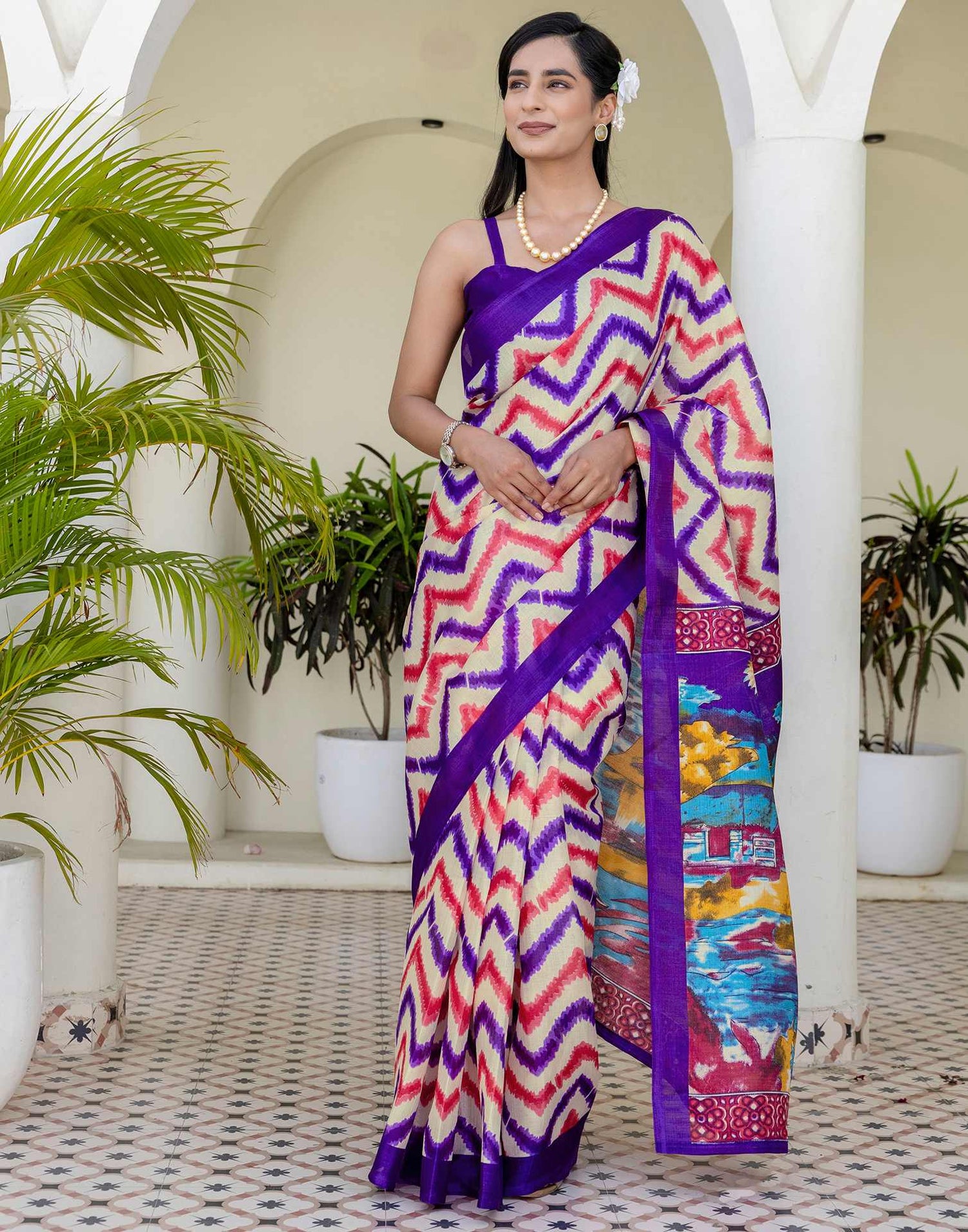Beige Khadi Printed Saree