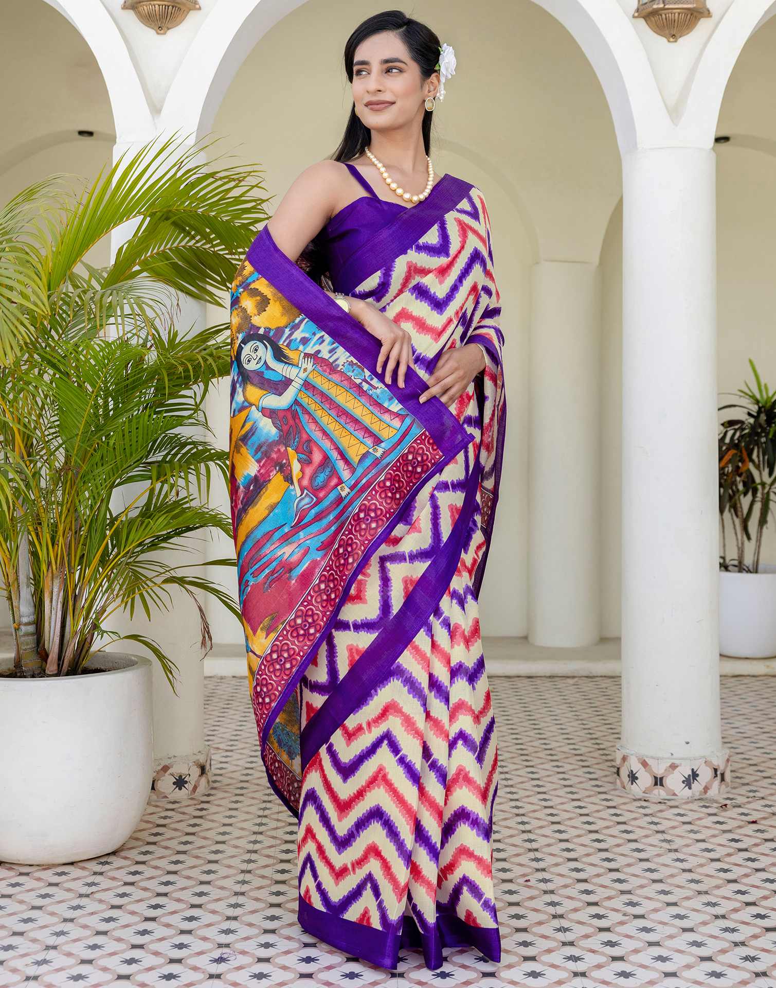 Beige Khadi Printed Saree