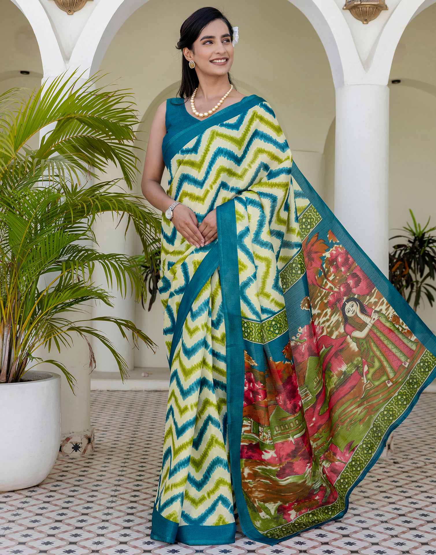 Beige Khadi Printed Saree