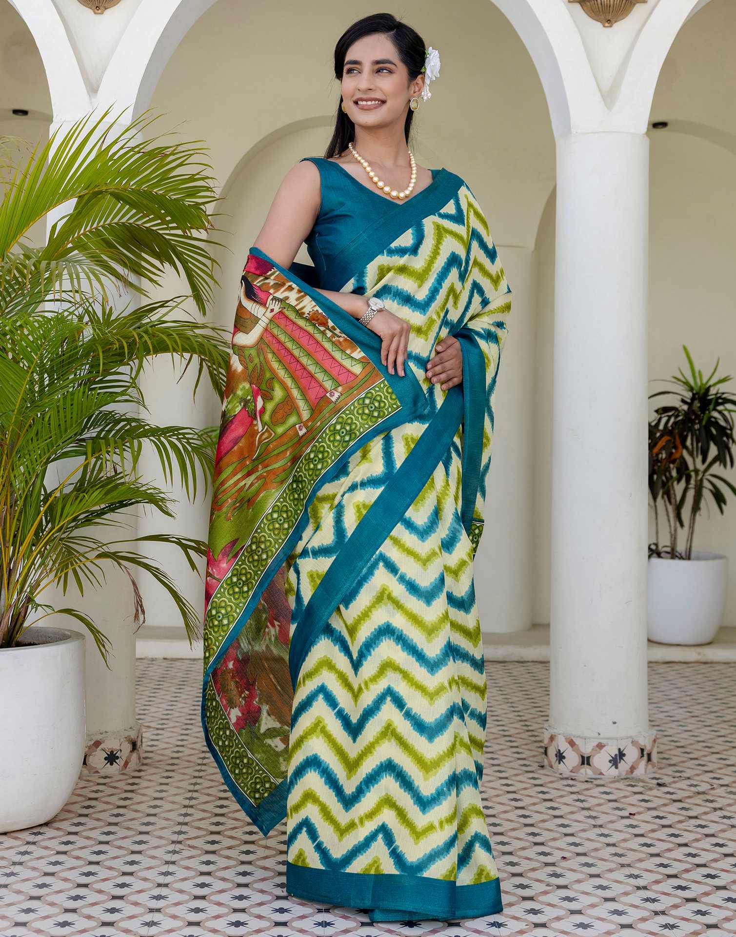 Beige Khadi Printed Saree