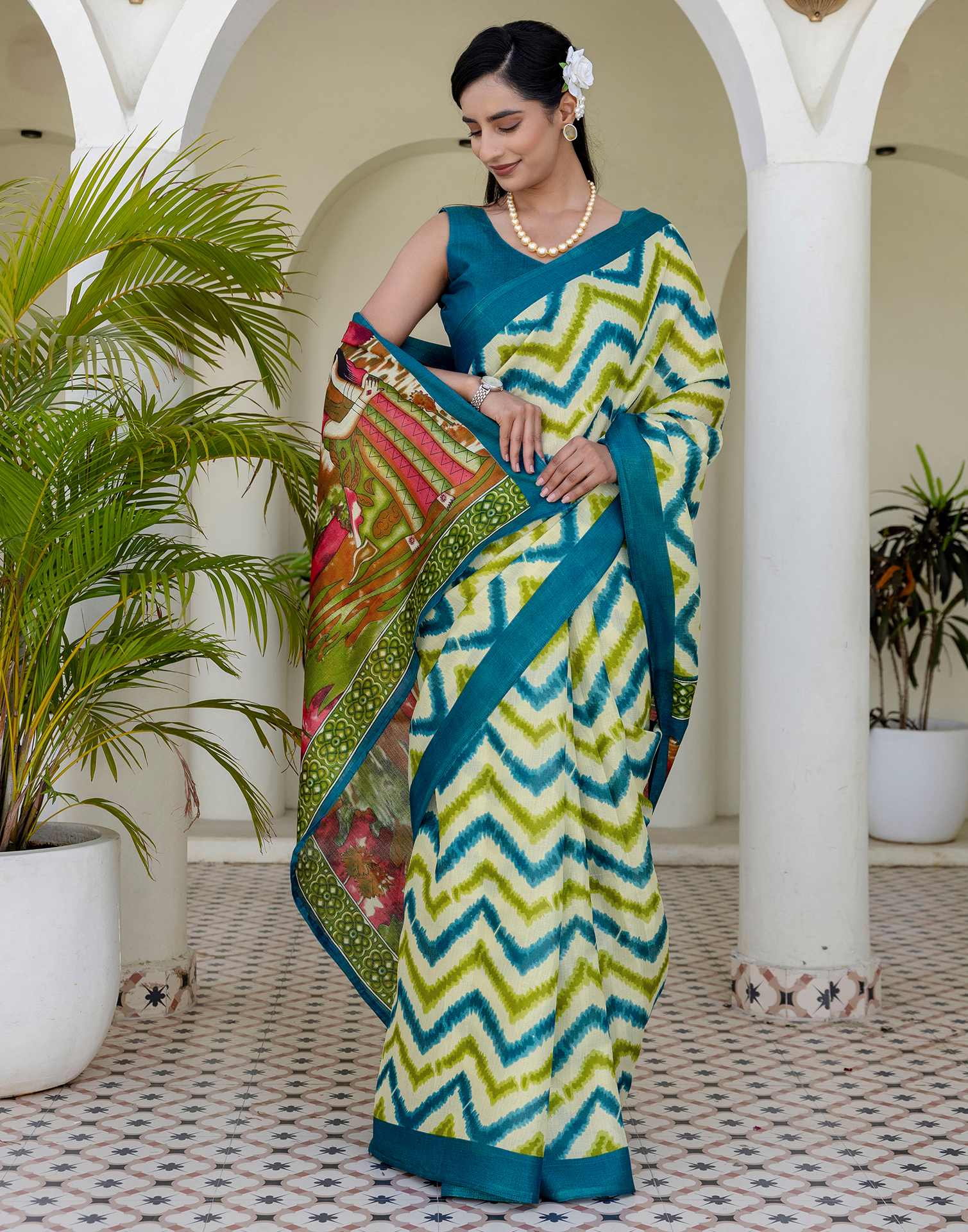 Beige Khadi Printed Saree