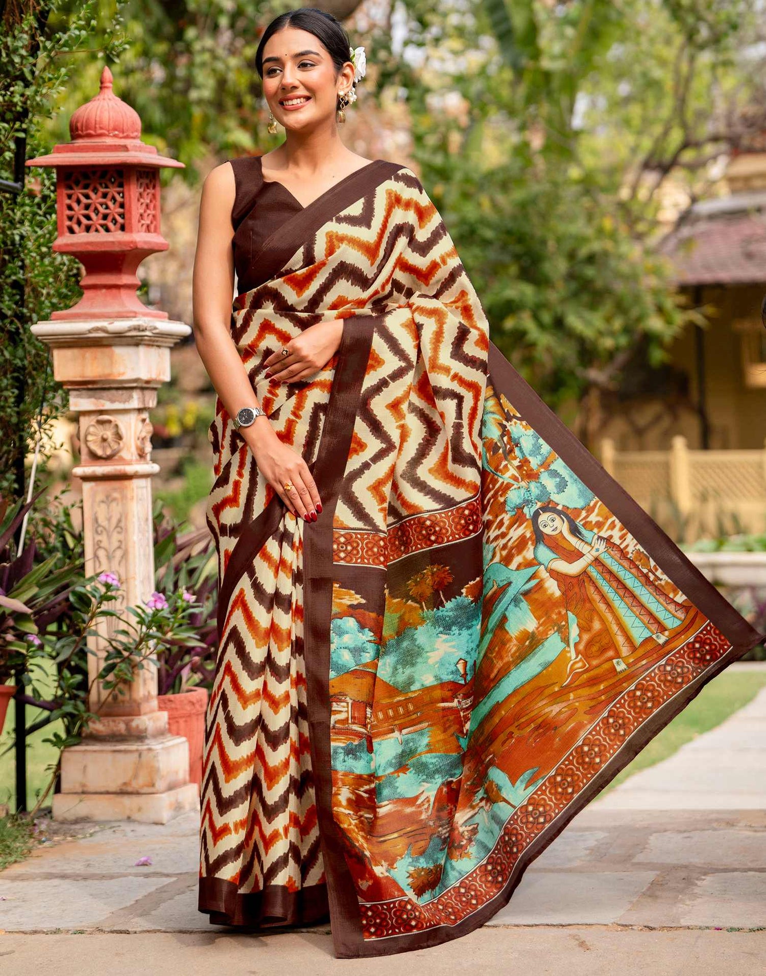 Beige Khadi Printed Saree