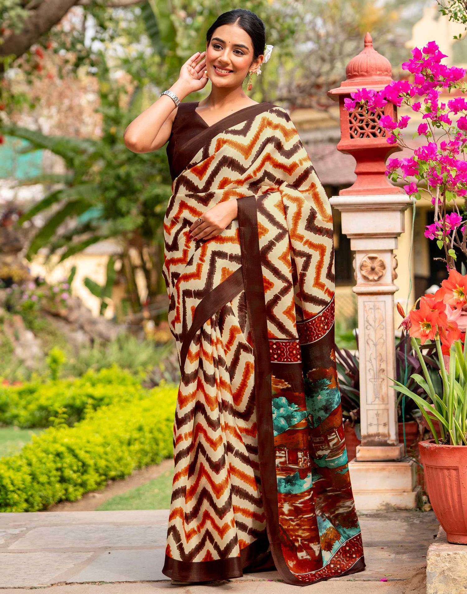 Beige Khadi Printed Saree
