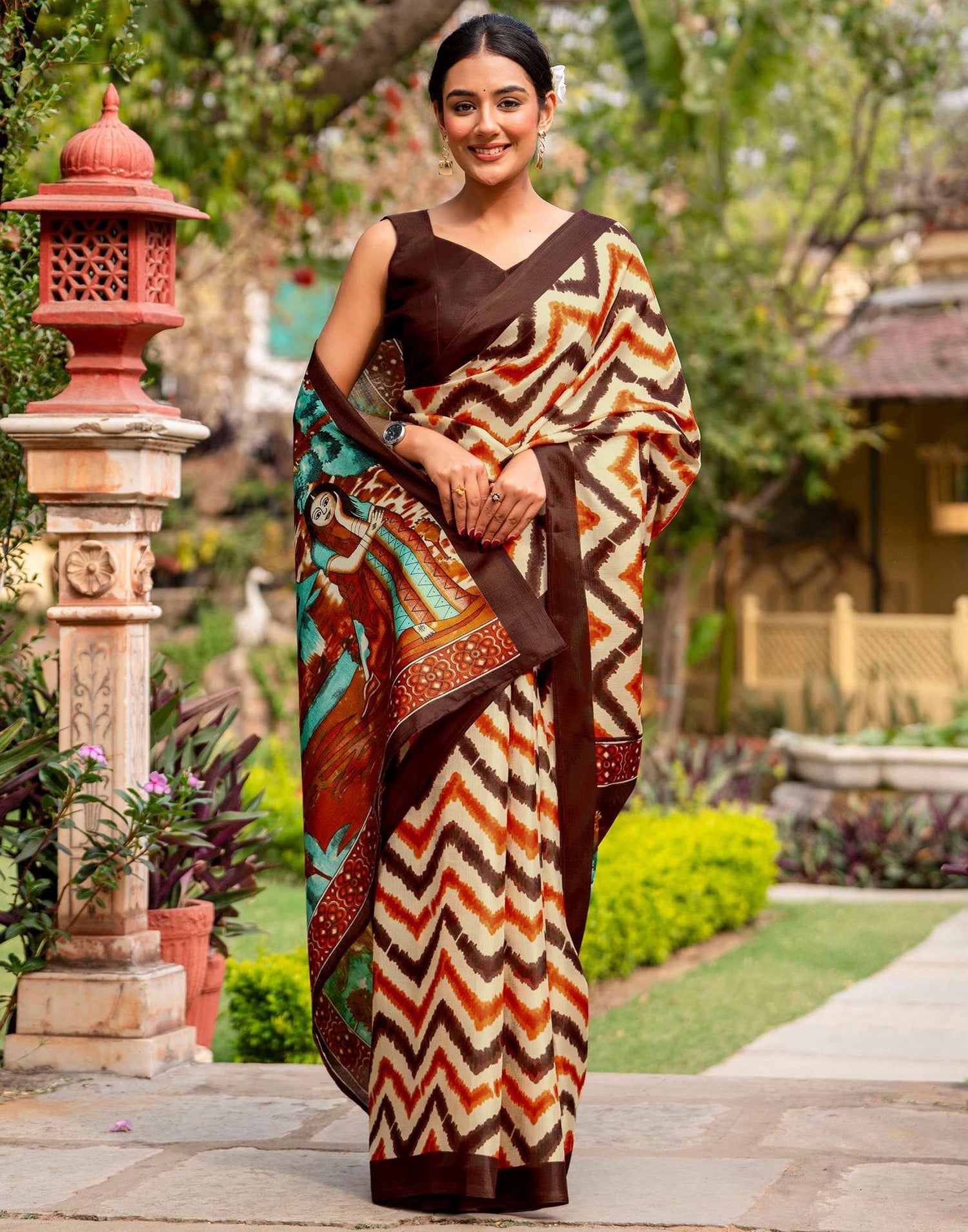 Beige Khadi Printed Saree