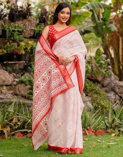 White Linen Printed Saree