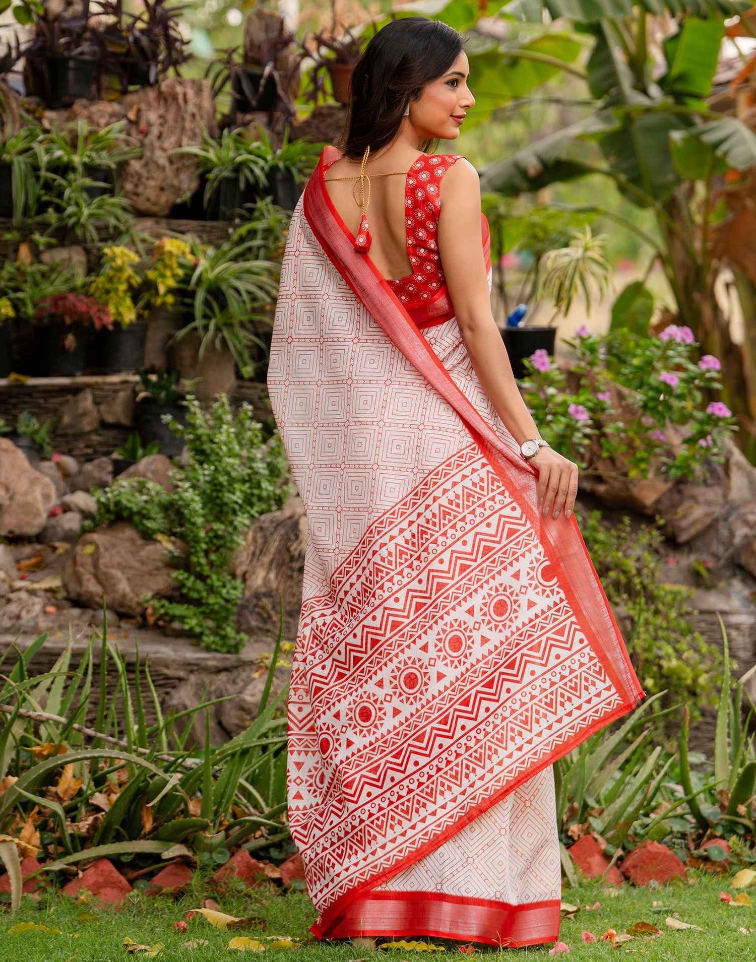 White Linen Printed Saree