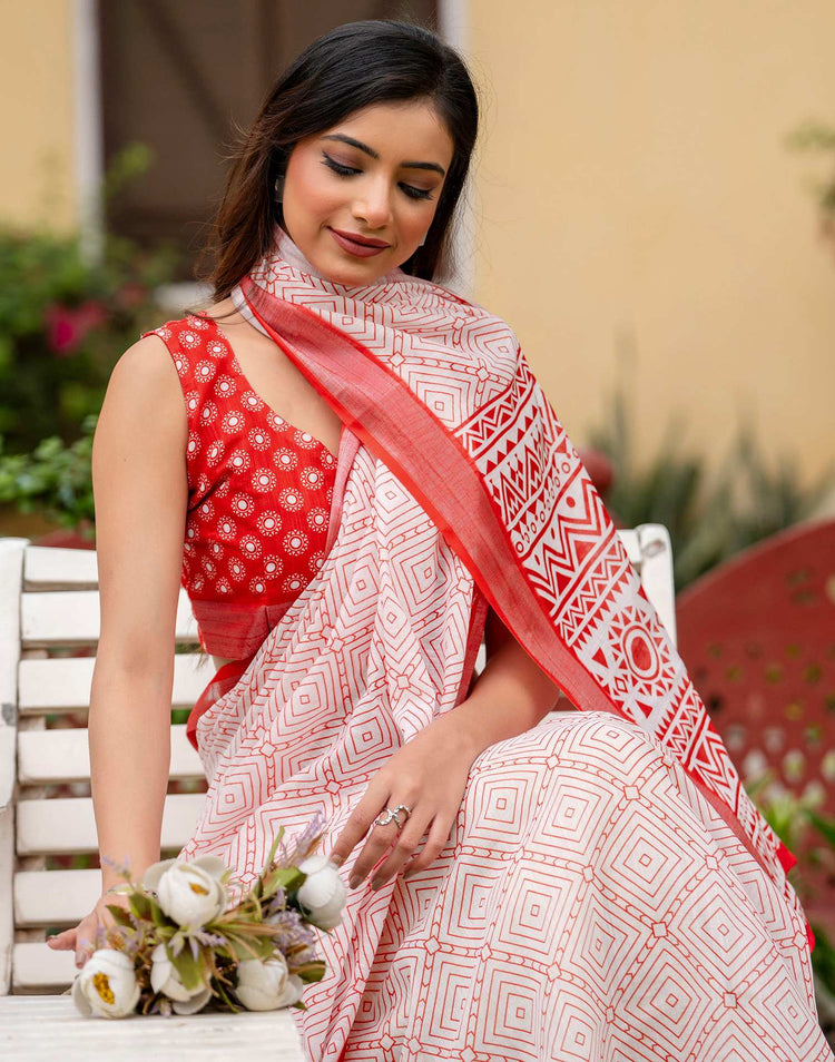 White Linen Printed Saree