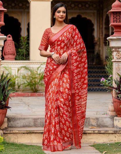 Red Linen Printed Saree