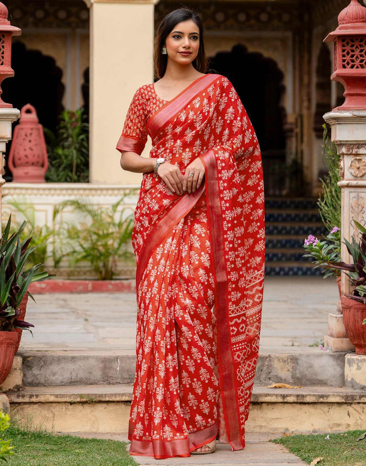 Red Linen Printed Saree