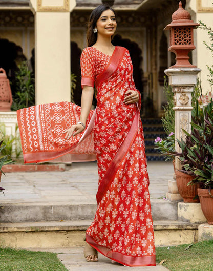 Red Linen Printed Saree