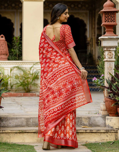 Red Linen Printed Saree