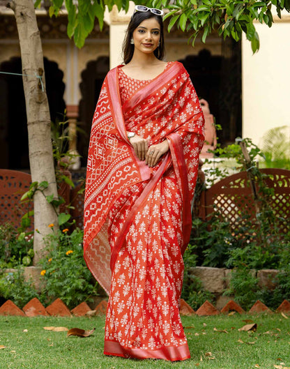 Red Linen Printed Saree