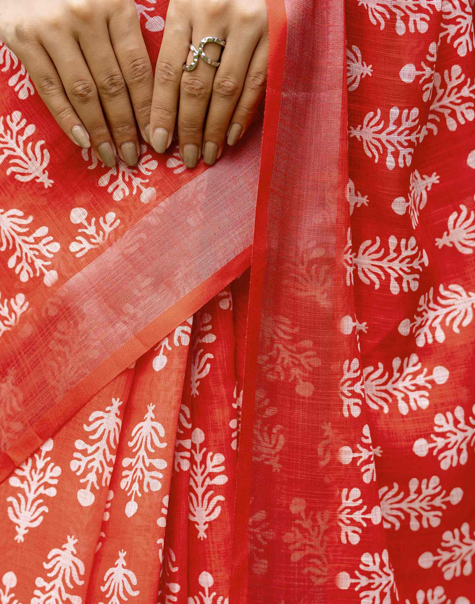 Red Linen Printed Saree
