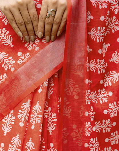 Red Linen Printed Saree