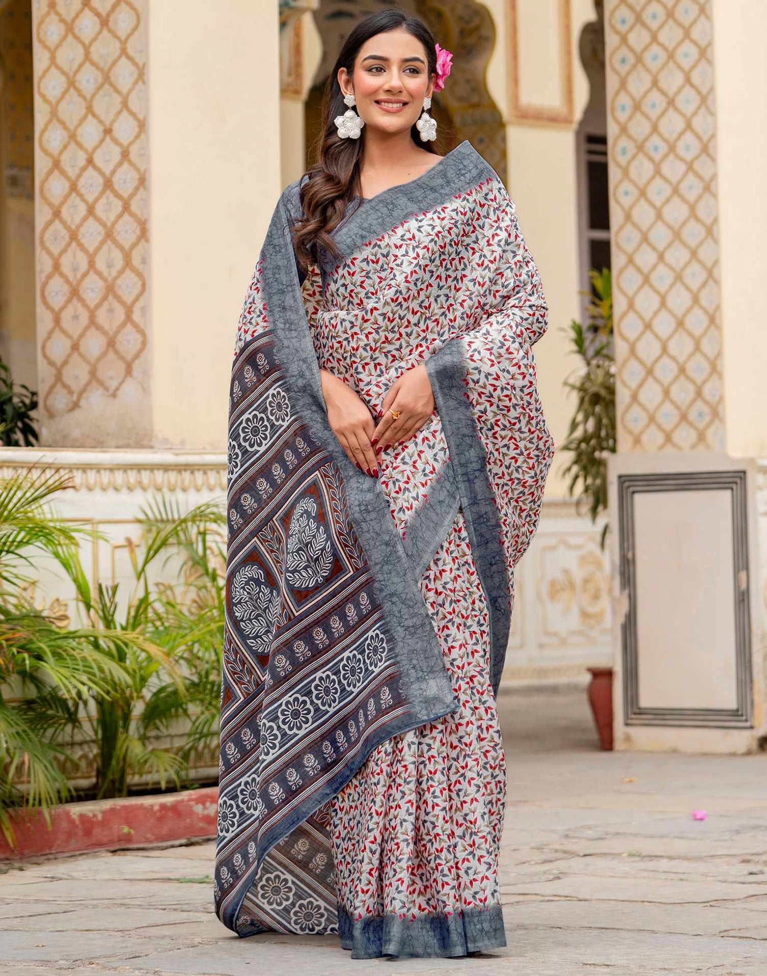 Off White Khadi Printed Saree