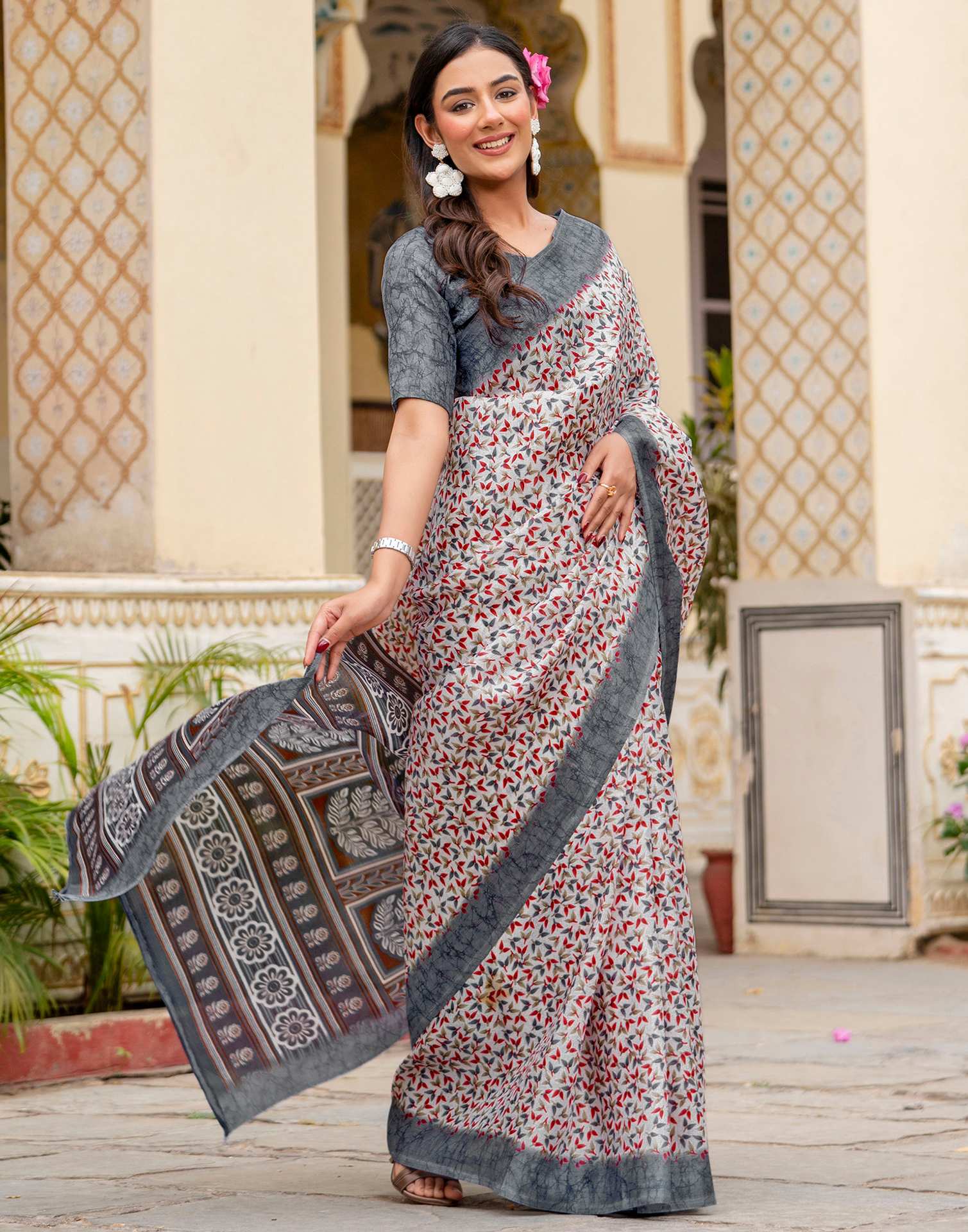 Off White Khadi Printed Saree