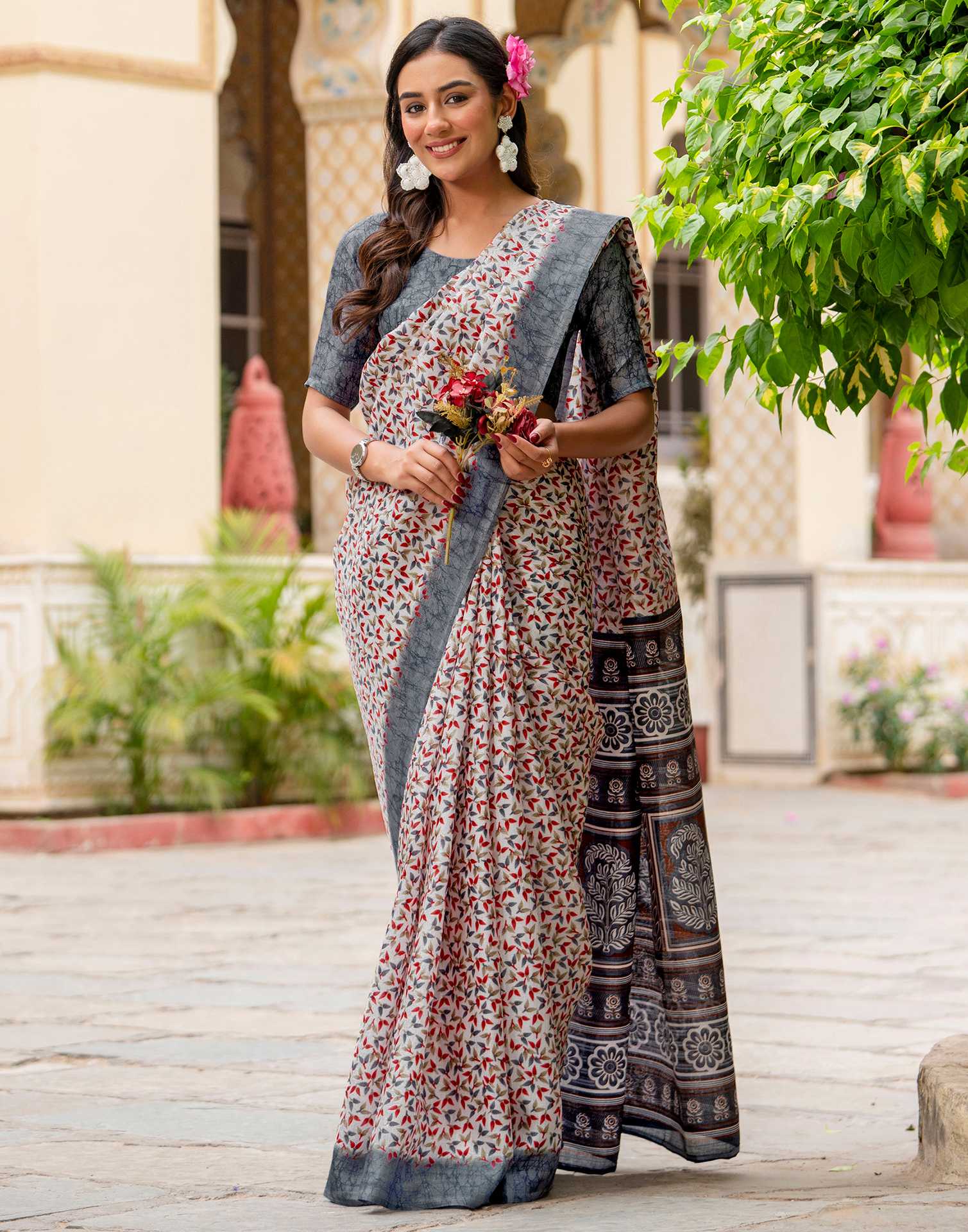 Off White Khadi Printed Saree
