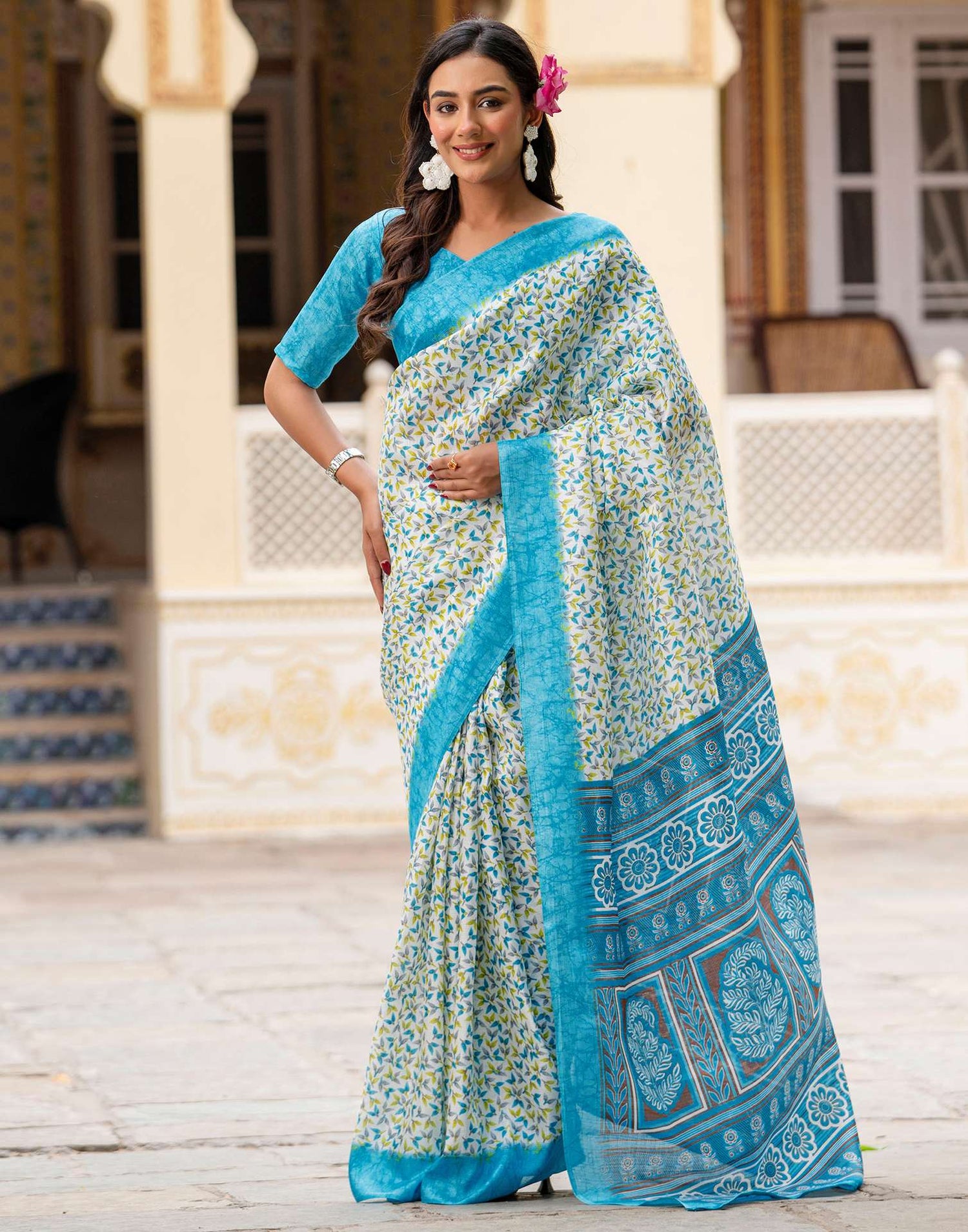 Off White Khadi Printed Saree