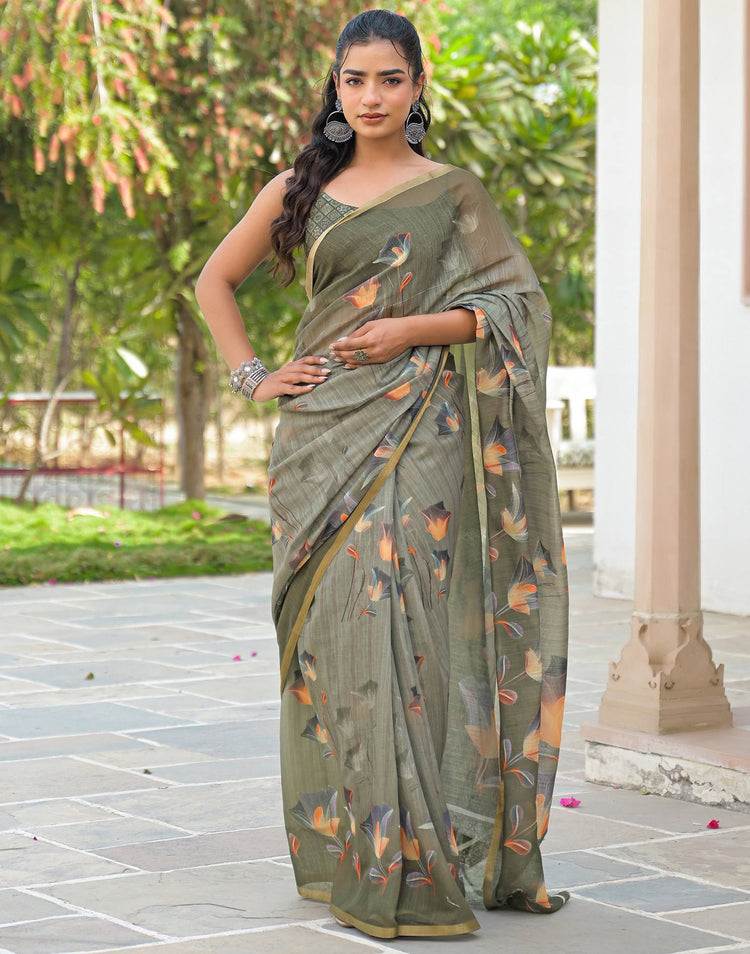 Dusty Green Linen Floral Printed Saree