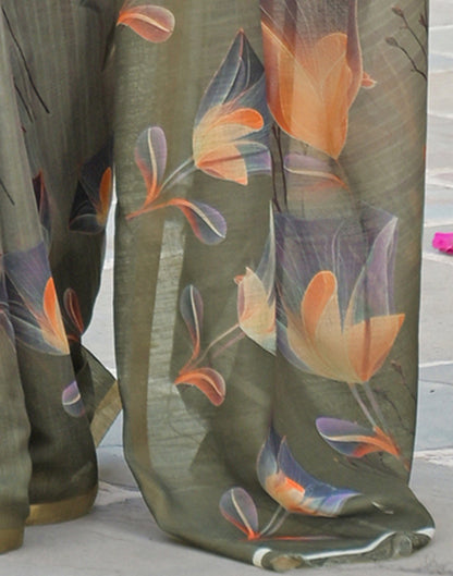 Dusty Green Linen Floral Printed Saree